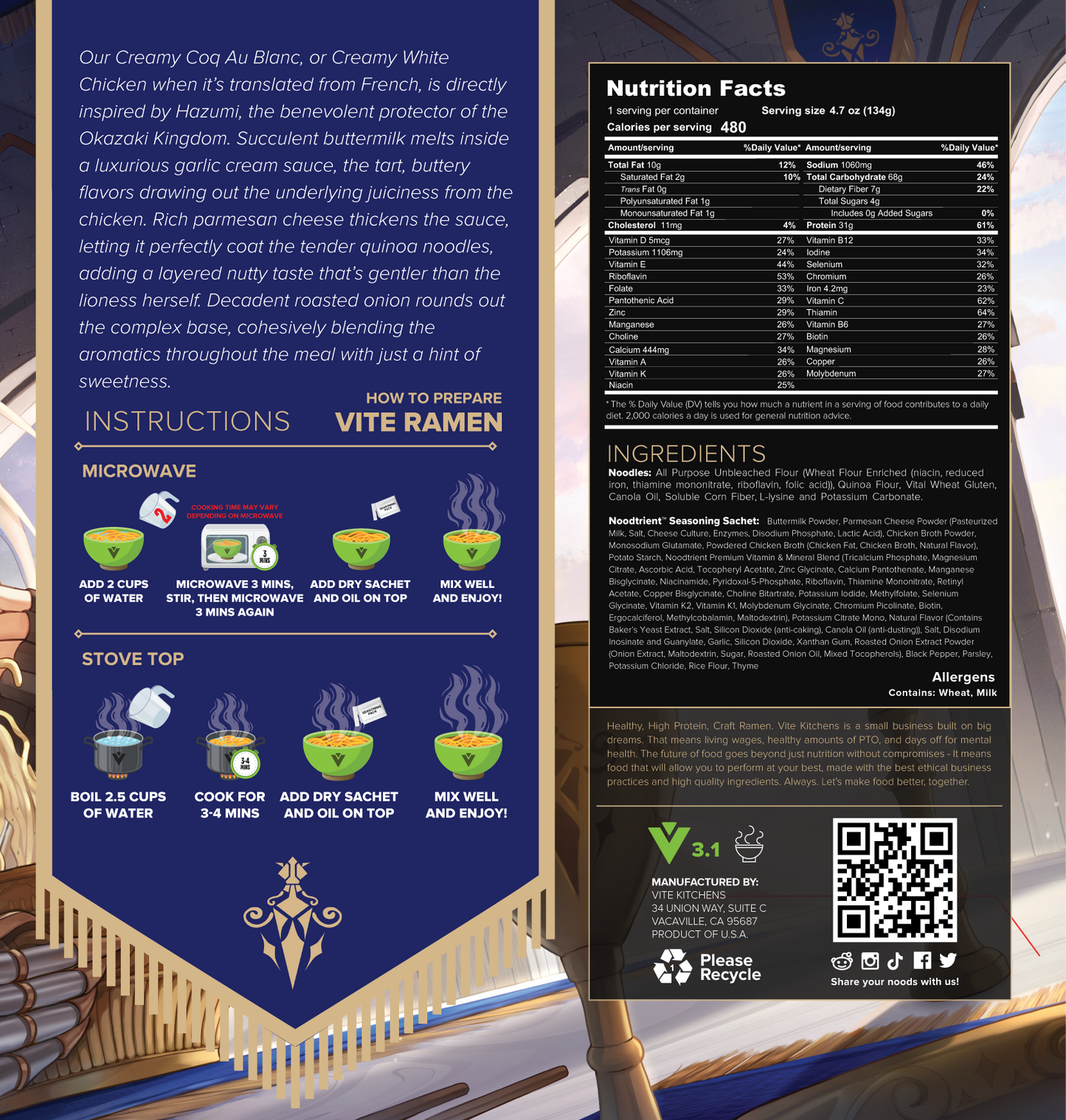 Vite Ramen packaging with blue and black sections, including instructions and nutrition facts.