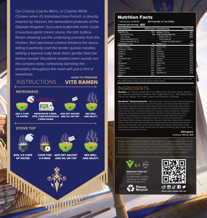 Vite Ramen packaging with blue and black sections, including instructions and nutrition facts.