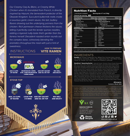Vite Ramen packaging with blue and black sections, including instructions and nutrition facts.