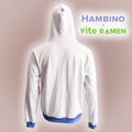Back view of a white hoodie with gradient blue trim on the bottom and sleeve cuffs