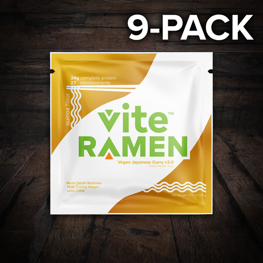 A pack of Vite Ramen, Vegan Japanese Curry sitting on a background of wood shiplap.  The text "9-Pack" in the upper right corner of the image.